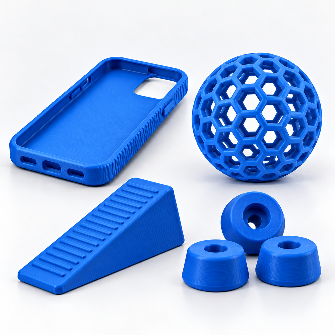BALSAM TPU for AMS blue filament spool, 1.75 mm, 1 kg, beside a matching blue 3D-printed lattice ball.