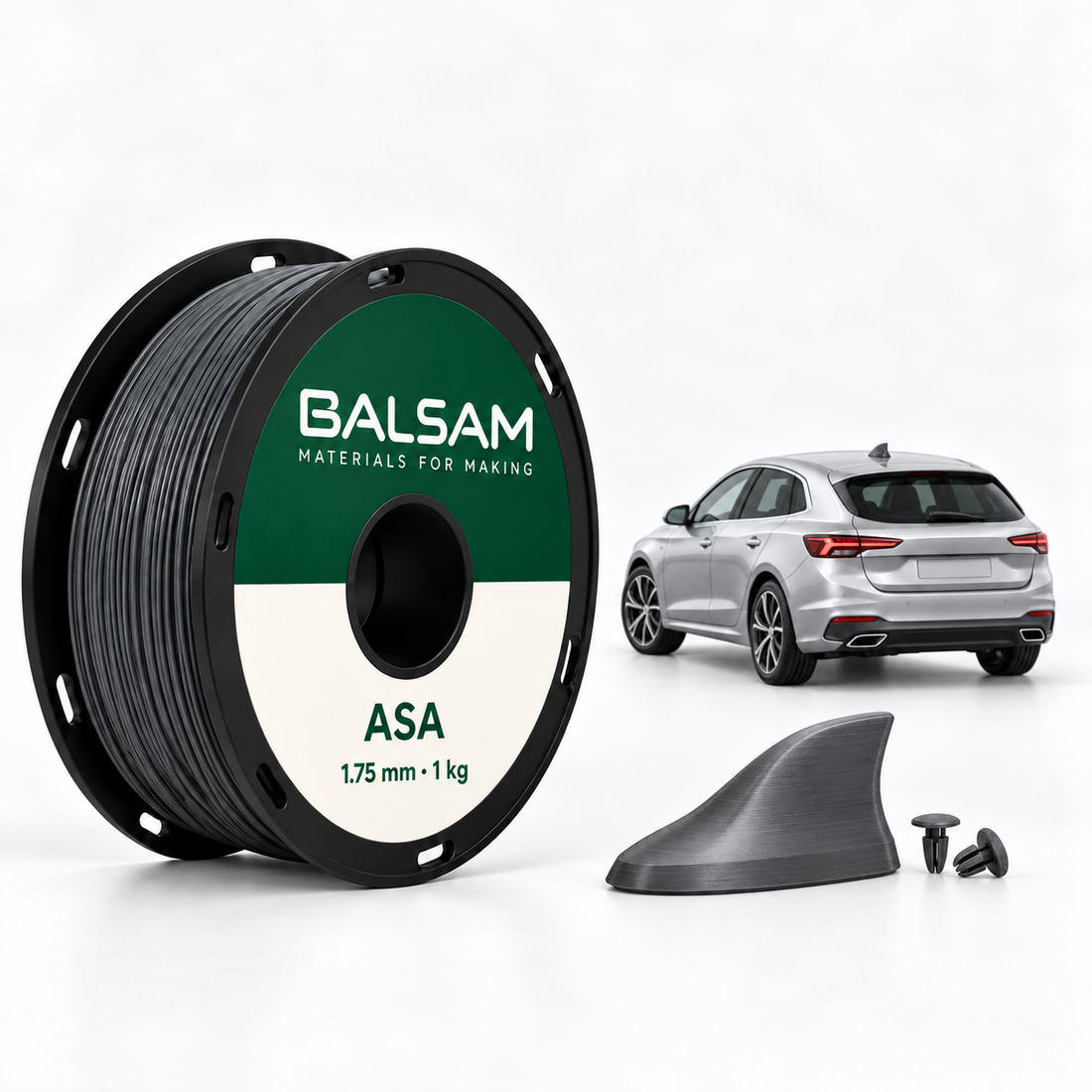 BALSAM ASA grey filament spool, 1.75 mm, 1 kg, with a 3D-printed shark fin antenna cover, trim clips and a car illustration.