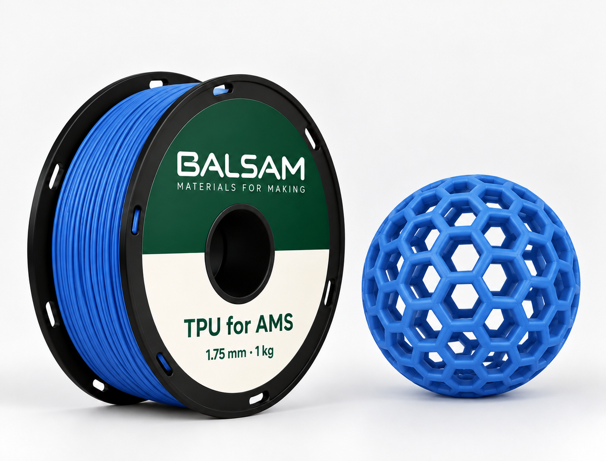 BALSAM TPU for AMS blue filament spool, 1.75 mm, 1 kg, beside a matching blue 3D-printed lattice ball.